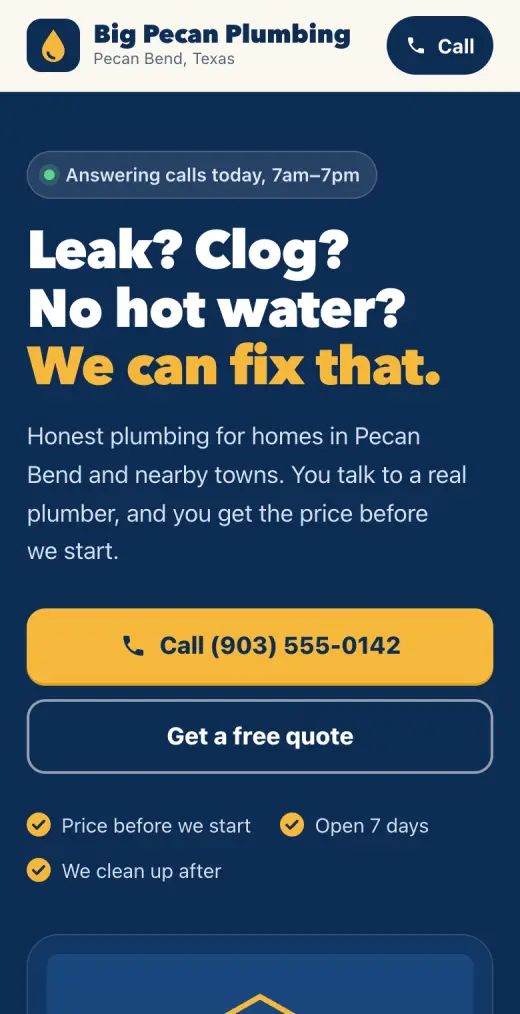 Example plumbing company website on a phone